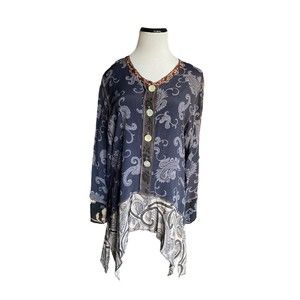 Boutique Womens Paisley Tunic Top Size M Blue Gray Sharkbite Hem Button Boho Art